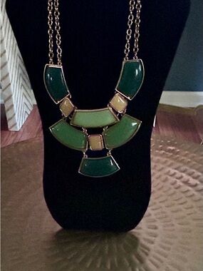 Green  andYellow Geometric Bib Necklace in Gold-Tone Setting